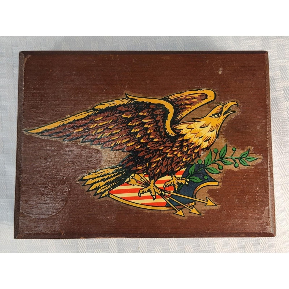 Vintage Hand Made Wooden American Eagle & Shield Box Attache Box Cigar Coins